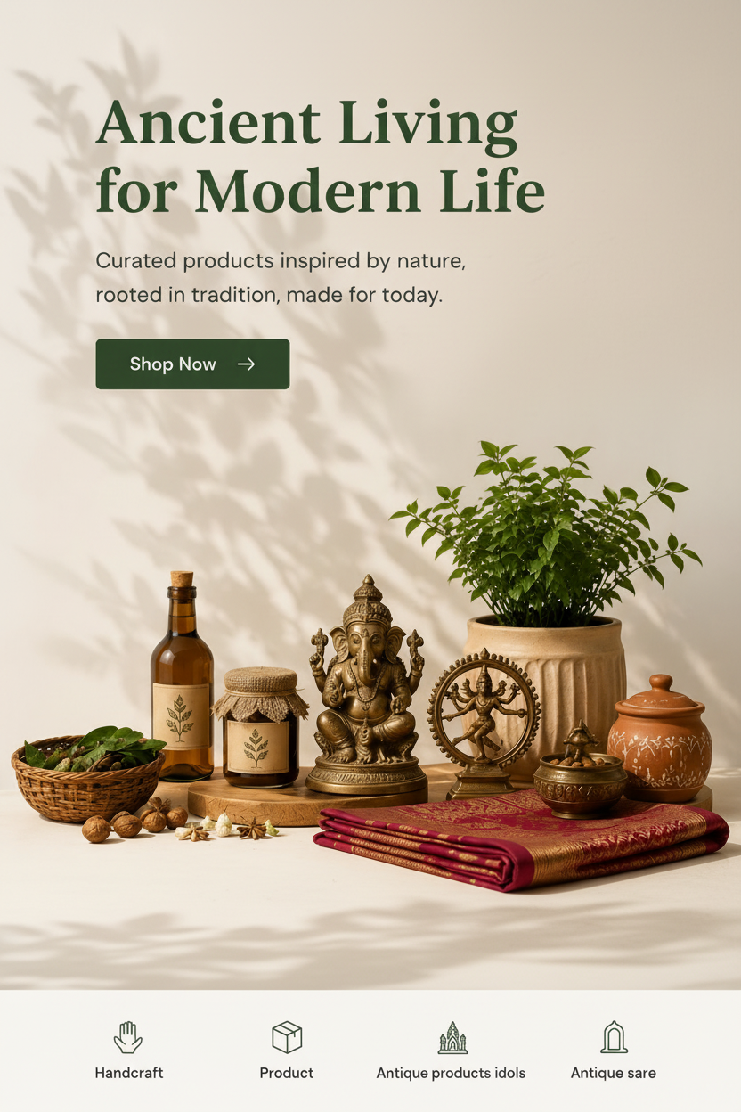 A styled product collage promoting 'Ancient Living for Modern Life' with a 'Shop Now' button. The scene features a brass Ganesha statue, a potted green plant, a folded red patterned textile, a brown bottle, a jar, a small basket of green leaves, and a terracotta lidded container on a beige surface with leaf shadows.