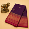 Crepe Saree Dark Purple with Checks Traditional Gold Zari Woven Design & Border Dark Pink