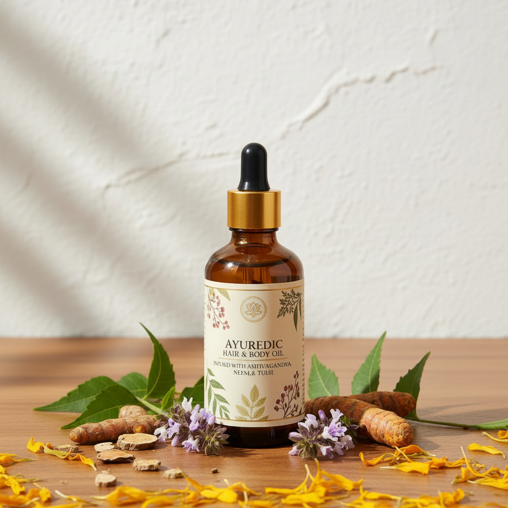 Bottle of Ayurvedic hair and body oil with natural ingredients on a wooden surface.